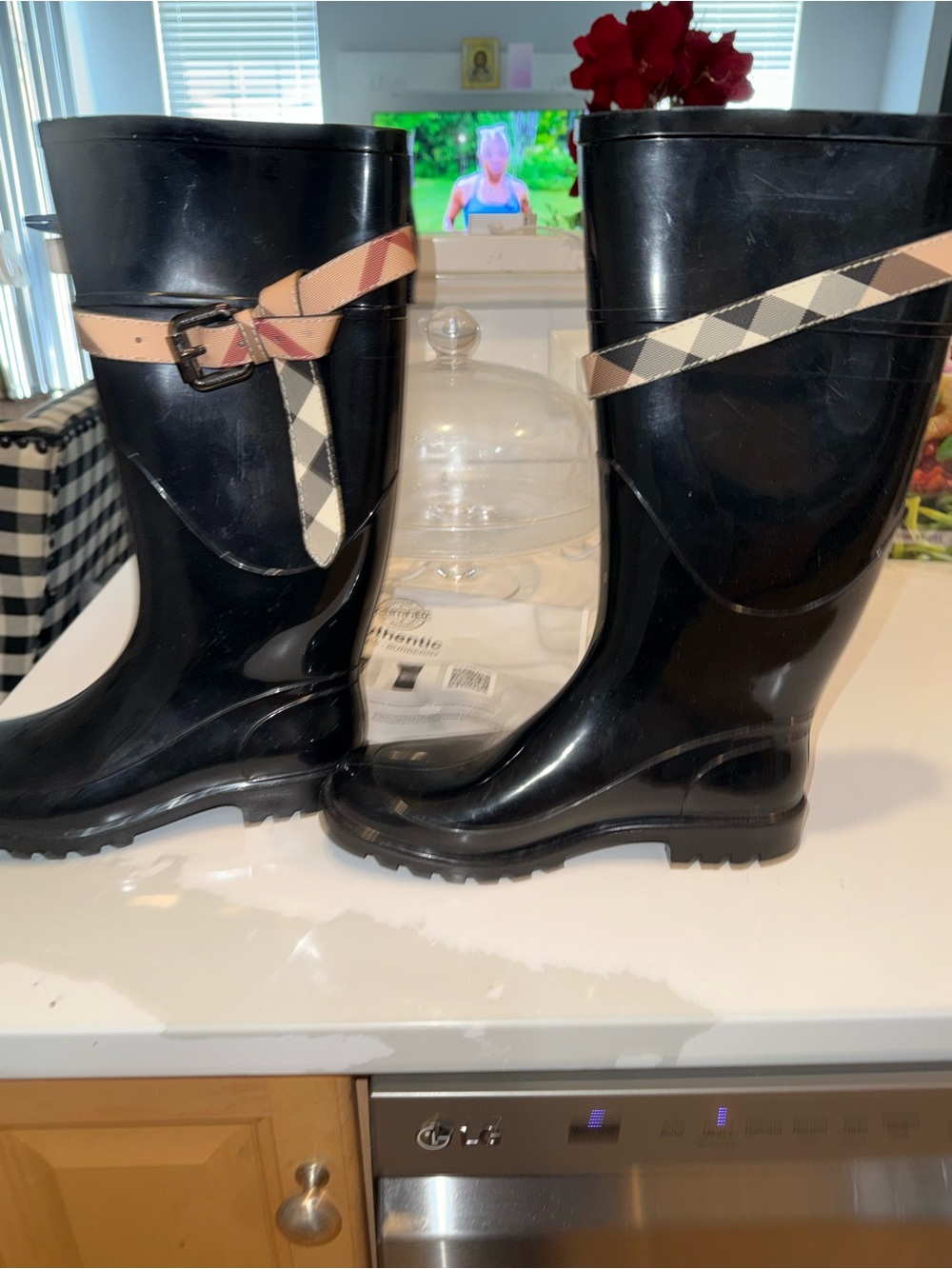 Burberry Black Gloss Rain Boots with Beige Check Strap